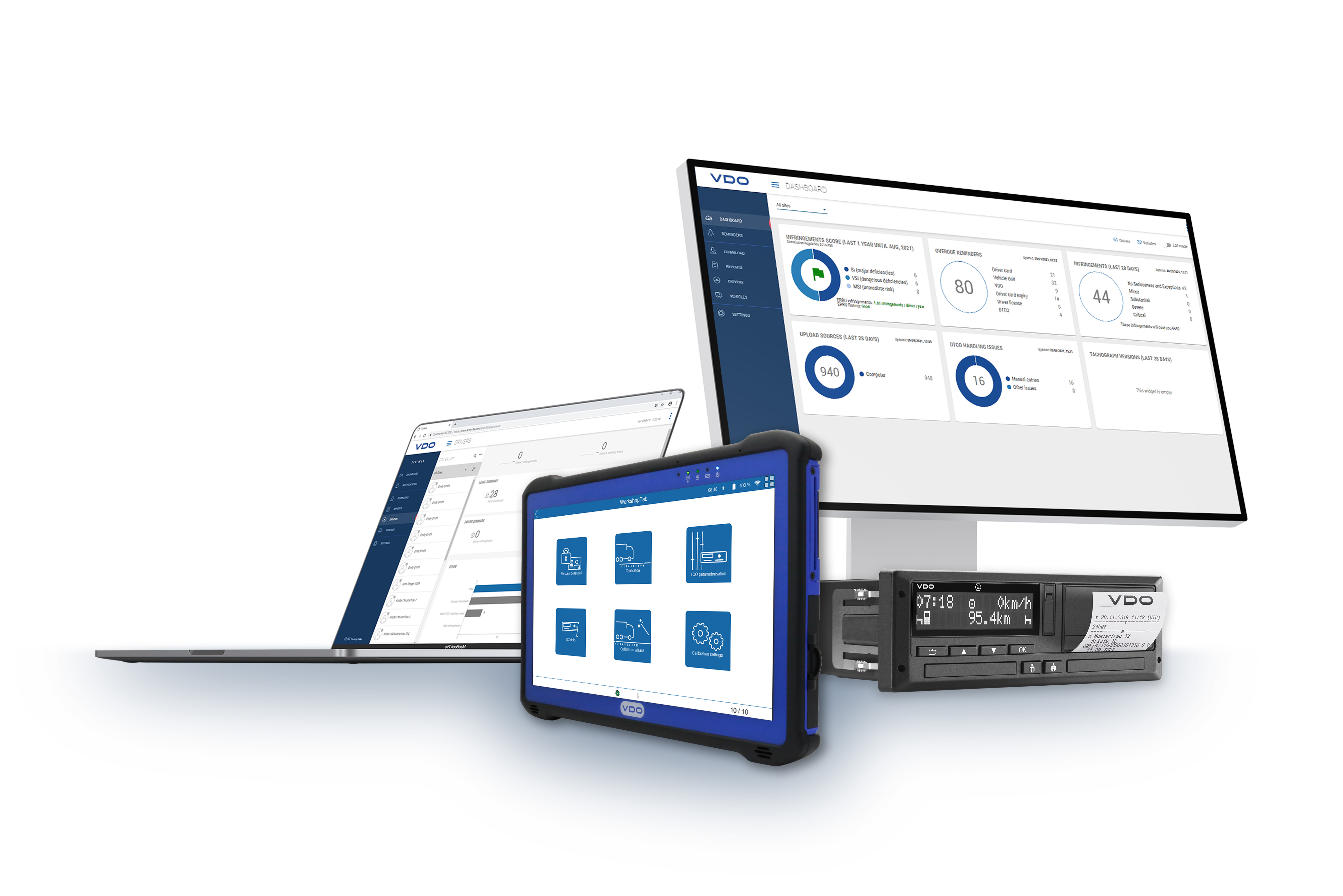 A graphic shows the various devices on which VDO products and services are available. A laptop and a desktop computer each show different monitorings, for example from the VDO Fleet app. The foreground shows a tablet - also with a VDO software running - and a VDO DTCO 4.1 with a printout in progress. 